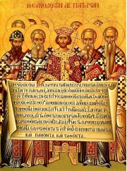 Icon depicting the Emperor Constantine, accompanied by the bishops of the First Council of Nicaea (325 A.D.), holding the Niceno–Constantinopolitan Creed of 381